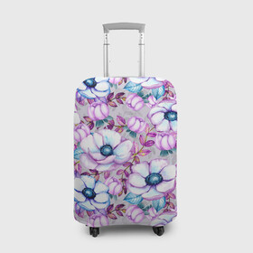 Чехол для чемодана 3D с принтом Анемоны - цветочный ковер в Курске, 86% полиэфир, 14% спандекс | двустороннее нанесение принта, прорези для ручек и колес | акварель | акварельный | анемон | анемоны | ковер | листья | сиреневый | цветочки | цветочный | цветы