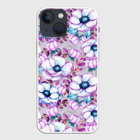 Чехол для iPhone 13 mini с принтом Анемоны   цветочный ковер в Курске,  |  | акварель | акварельный | анемон | анемоны | ковер | листья | сиреневый | цветочки | цветочный | цветы