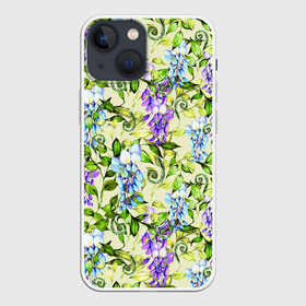 Чехол для iPhone 13 mini с принтом Глициния на бежевом фоне в Курске,  |  | акварель | акварельный | беж | бежевый | глициния | женственная | женственный | листва | листья | сад | цветочки | цветочный | цветы