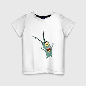 Детская футболка хлопок с принтом Планктон! в Курске, 100% хлопок | круглый вырез горловины, полуприлегающий силуэт, длина до линии бедер | букашка | злобный учёный | одноглазый | планктон | улыбка. | шелдон джей