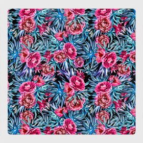 Магнитный плакат 3Х3 с принтом Тропические цветы  в Курске, Полимерный материал с магнитным слоем | 9 деталей размером 9*9 см | Тематика изображения на принте: летний | розовый | синий | тропический узор | цветочный узор | цветы | экзотические цветы