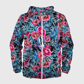 Мужская ветровка 3D с принтом Тропические цветы  в Курске, 100% полиэстер | подол и капюшон оформлены резинкой с фиксаторами, два кармана без застежек по бокам, один потайной карман на груди | летний | розовый | синий | тропический узор | цветочный узор | цветы | экзотические цветы