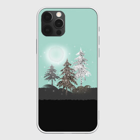 Чехол для iPhone 12 Pro с принтом Лес. Мозаичный узор  в Курске, силикон | область печати: задняя сторона чехла, без боковых панелей | бирюзовый | елка | ель | зима | картина | лес | луна горы | мозаика | новогодний | холмы
