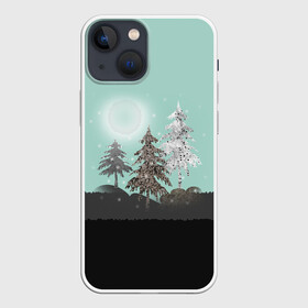 Чехол для iPhone 13 mini с принтом Лес. Мозаичный узор в Курске,  |  | бирюзовый | елка | ель | зима | картина | лес | луна горы | мозаика | новогодний | холмы