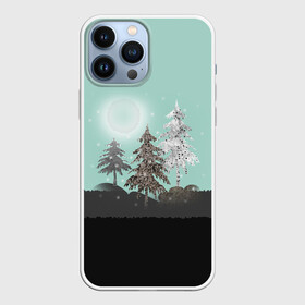 Чехол для iPhone 13 Pro Max с принтом Лес. Мозаичный узор в Курске,  |  | Тематика изображения на принте: бирюзовый | елка | ель | зима | картина | лес | луна горы | мозаика | новогодний | холмы