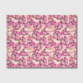 Альбом для рисования с принтом Розовый тропический узор в Курске, 100% бумага
 | матовая бумага, плотность 200 мг. | бежевый | листья | пальмовые листья | розовые цветы | розовый | тропические цветы | цветочный