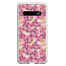 Чехол для Samsung Galaxy S10 с принтом Розовый тропический узор в Курске, Силикон | Область печати: задняя сторона чехла, без боковых панелей | бежевый | листья | пальмовые листья | розовые цветы | розовый | тропические цветы | цветочный