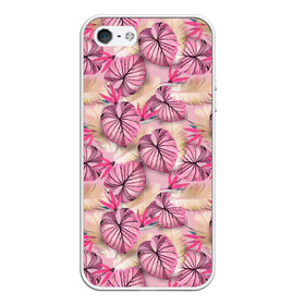 Чехол для iPhone 5/5S матовый с принтом Розовый тропический узор в Курске, Силикон | Область печати: задняя сторона чехла, без боковых панелей | бежевый | листья | пальмовые листья | розовые цветы | розовый | тропические цветы | цветочный