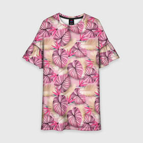 Детское платье 3D с принтом Розовый тропический узор в Курске, 100% полиэстер | прямой силуэт, чуть расширенный к низу. Круглая горловина, на рукавах — воланы | бежевый | листья | пальмовые листья | розовые цветы | розовый | тропические цветы | цветочный