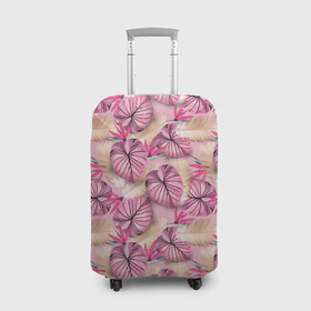 Чехол для чемодана 3D с принтом Розовый тропический узор в Курске, 86% полиэфир, 14% спандекс | двустороннее нанесение принта, прорези для ручек и колес | бежевый | листья | пальмовые листья | розовые цветы | розовый | тропические цветы | цветочный