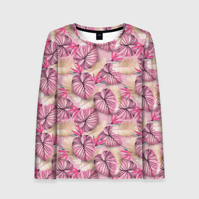 Женский лонгслив 3D с принтом Розовый тропический узор в Курске, 100% полиэстер | длинные рукава, круглый вырез горловины, полуприлегающий силуэт | бежевый | листья | пальмовые листья | розовые цветы | розовый | тропические цветы | цветочный