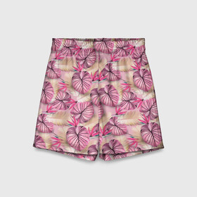 Детские спортивные шорты 3D с принтом Розовый тропический узор в Курске,  100% полиэстер
 | пояс оформлен широкой мягкой резинкой, ткань тянется
 | бежевый | листья | пальмовые листья | розовые цветы | розовый | тропические цветы | цветочный