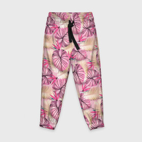 Детские брюки 3D с принтом Розовый тропический узор в Курске, 100% полиэстер | манжеты по низу, эластичный пояс регулируется шнурком, по бокам два кармана без застежек, внутренняя часть кармана из мелкой сетки | бежевый | листья | пальмовые листья | розовые цветы | розовый | тропические цветы | цветочный
