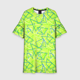 Детское платье 3D с принтом Абстрактный неоновый зеленый в Курске, 100% полиэстер | прямой силуэт, чуть расширенный к низу. Круглая горловина, на рукавах — воланы | Тематика изображения на принте: абстрактный | геометрический | детский | зеленый | летний | неоновый | ретро | треугольники