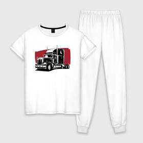 Женская пижама хлопок с принтом Truck red в Курске, 100% хлопок | брюки и футболка прямого кроя, без карманов, на брюках мягкая резинка на поясе и по низу штанин | truck | trucks | грузовик | грузовики | дальнобои | дальнобой | дальнобойщик | фура | фуры
