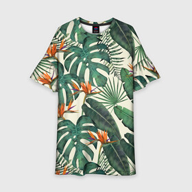 Детское платье 3D с принтом Тропический паттерн в Курске, 100% полиэстер | прямой силуэт, чуть расширенный к низу. Круглая горловина, на рукавах — воланы | азия | акварель | акварельный | банановые листья | ботанический | винтажный | зеленый | иллюстрация | лес | летний | лето | монстера | оранжевый | отпуск | пальмовые листья | стрелиция | тропики