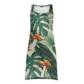 Платье-майка 3D с принтом Тропический паттерн в Курске, 100% полиэстер | полуприлегающий силуэт, широкие бретели, круглый вырез горловины, удлиненный подол сзади. | азия | акварель | акварельный | банановые листья | ботанический | винтажный | зеленый | иллюстрация | лес | летний | лето | монстера | оранжевый | отпуск | пальмовые листья | стрелиция | тропики