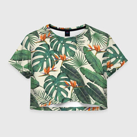 Женская футболка Crop-top 3D с принтом Тропический паттерн в Курске, 100% полиэстер | круглая горловина, длина футболки до линии талии, рукава с отворотами | Тематика изображения на принте: азия | акварель | акварельный | банановые листья | ботанический | винтажный | зеленый | иллюстрация | лес | летний | лето | монстера | оранжевый | отпуск | пальмовые листья | стрелиция | тропики