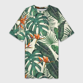 Платье-футболка 3D с принтом Тропический паттерн в Курске,  |  | Тематика изображения на принте: азия | акварель | акварельный | банановые листья | ботанический | винтажный | зеленый | иллюстрация | лес | летний | лето | монстера | оранжевый | отпуск | пальмовые листья | стрелиция | тропики