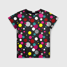 Детская футболка 3D с принтом Разноцветный горох на черном  в Курске, 100% гипоаллергенный полиэфир | прямой крой, круглый вырез горловины, длина до линии бедер, чуть спущенное плечо, ткань немного тянется | в горох | детский | для детей | желтый горох | клетка | красный | малышам | мальчиковый узор | разноцветный горох | темный | черный