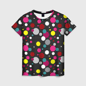 Женская футболка 3D с принтом Разноцветный горох на черном  в Курске, 100% полиэфир ( синтетическое хлопкоподобное полотно) | прямой крой, круглый вырез горловины, длина до линии бедер | в горох | детский | для детей | желтый горох | клетка | красный | малышам | мальчиковый узор | разноцветный горох | темный | черный