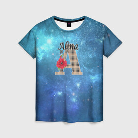 Женская футболка 3D с принтом Монограмма Алина в Курске, 100% полиэфир ( синтетическое хлопкоподобное полотно) | прямой крой, круглый вырез горловины, длина до линии бедер | буква а | детский | красные цветы | молодежный | монограмма | синий | цветы