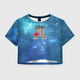 Женская футболка Crop-top 3D с принтом Монограмма Алина в Курске, 100% полиэстер | круглая горловина, длина футболки до линии талии, рукава с отворотами | буква а | детский | красные цветы | молодежный | монограмма | синий | цветы