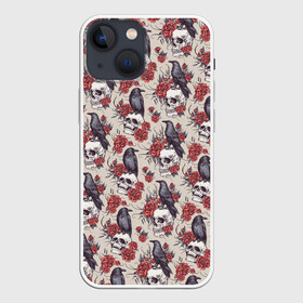 Чехол для iPhone 13 mini с принтом Skull raven в Курске,  |  | art | flowers | gothic | pattern | raven | roses | skull | арт | ворон | готика | паттерн | розы | цветы | череп