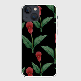 Чехол для iPhone 13 mini с принтом Красные каллы на черном в Курске,  |  | 8 марта | flowers | march 8 | spring | ботаническая иллюстрация | весна | день рождения | зеленый | каллы | красный | лето | любовь | праздник | принт | природа | растения | цветы | черный