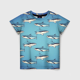Детская футболка 3D с принтом Акулы Паттерн в Курске, 100% гипоаллергенный полиэфир | прямой крой, круглый вырез горловины, длина до линии бедер, чуть спущенное плечо, ткань немного тянется | shark | акулы | иллюстрация | морские жители | морские обитатели | паттерн | рисунок | рыбы