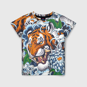 Детская футболка 3D с принтом Тигр в Курске, 100% гипоаллергенный полиэфир | прямой крой, круглый вырез горловины, длина до линии бедер, чуть спущенное плечо, ткань немного тянется | дикая кошка | зверь | клык | крупная кошка | тигр | хищник | хризантема | цветы | япония