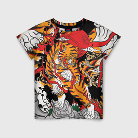 Детская футболка 3D с принтом Самурайский тигр в Курске, 100% гипоаллергенный полиэфир | прямой крой, круглый вырез горловины, длина до линии бедер, чуть спущенное плечо, ткань немного тянется | воин | год тигра | закат | крупная кошка | полосы | тигр | тигриная лапа | хищник