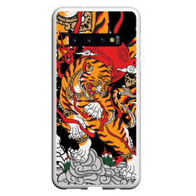 Чехол для Samsung Galaxy S10 с принтом Самурайский тигр в Курске, Силикон | Область печати: задняя сторона чехла, без боковых панелей | воин | год тигра | закат | крупная кошка | полосы | тигр | тигриная лапа | хищник