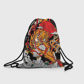 Рюкзак-мешок 3D с принтом Самурайский тигр в Курске, 100% полиэстер | плотность ткани — 200 г/м2, размер — 35 х 45 см; лямки — толстые шнурки, застежка на шнуровке, без карманов и подкладки | воин | год тигра | закат | крупная кошка | полосы | тигр | тигриная лапа | хищник