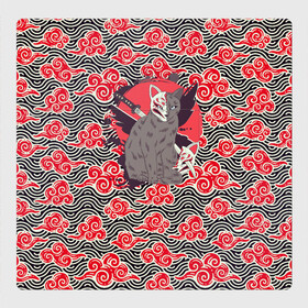 Магнитный плакат 3Х3 с принтом Бакэнэко в Курске, Полимерный материал с магнитным слоем | 9 деталей размером 9*9 см | бакэнэко | кошка | маска | облака | оборотень | фольклор | япония