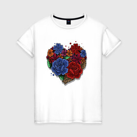Женская футболка хлопок с принтом Цветочное сердце в Курске, 100% хлопок | прямой крой, круглый вырез горловины, длина до линии бедер, слегка спущенное плечо | colorful | love | иллюстрация | роза | цветок | цветы