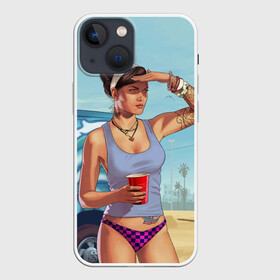 Чехол для iPhone 13 mini с принтом girl with coffee в Курске,  |  | art | beach | car | game | grand theft auto v | gta 5 | gta online | sand | sky | арт | гта 5 | гта онлайн | игра | машина | небо | песок | пляж