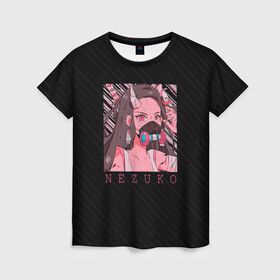 Женская футболка 3D с принтом Незуко Камадо в маске в Курске, 100% полиэфир ( синтетическое хлопкоподобное полотно) | прямой крой, круглый вырез горловины, длина до линии бедер | demon slayer | kamado | kimetsu no aiba | nezuko | камадо | клинок | недзуко | незуко | рассекающий демонов