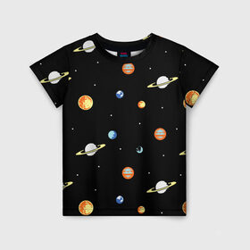 Детская футболка 3D с принтом Планеты в космосе в Курске, 100% гипоаллергенный полиэфир | прямой крой, круглый вырез горловины, длина до линии бедер, чуть спущенное плечо, ткань немного тянется | Тематика изображения на принте: венера | звезды | земля | иллюстрация | космос | паттерн | планеты | рисунок | сатурн | черный | юпитер
