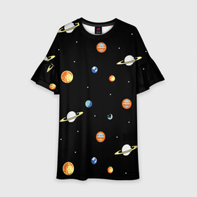 Детское платье 3D с принтом Планеты в космосе в Курске, 100% полиэстер | прямой силуэт, чуть расширенный к низу. Круглая горловина, на рукавах — воланы | венера | звезды | земля | иллюстрация | космос | паттерн | планеты | рисунок | сатурн | черный | юпитер