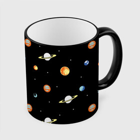 Кружка с полной запечаткой с принтом Планеты в космосе в Курске, керамика | ёмкость 330 мл | венера | звезды | земля | иллюстрация | космос | паттерн | планеты | рисунок | сатурн | черный | юпитер