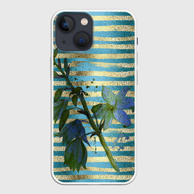 Чехол для iPhone 13 mini с принтом Сумеречные цветы и золото в Курске,  |  | акварель | бирюзовые | брызги | вечер | женственный | золотистые | золото | золотые | полоски | сумерки | цветок | цветочки | цветочный | цветы