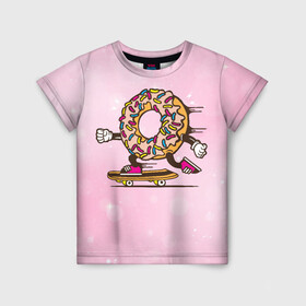 Детская футболка 3D с принтом Пончик на скейте в Курске, 100% гипоаллергенный полиэфир | прямой крой, круглый вырез горловины, длина до линии бедер, чуть спущенное плечо, ткань немного тянется | donkey | sport | пончик | скейт | скорость | сладость