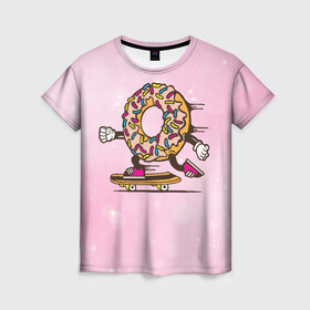 Женская футболка 3D с принтом Пончик на скейте в Курске, 100% полиэфир ( синтетическое хлопкоподобное полотно) | прямой крой, круглый вырез горловины, длина до линии бедер | donkey | sport | пончик | скейт | скорость | сладость