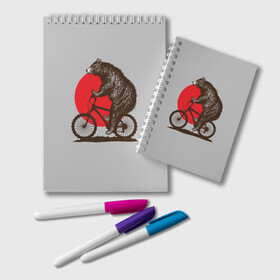 Блокнот с принтом Медведь на велосиеде в Курске, 100% бумага | 48 листов, плотность листов — 60 г/м2, плотность картонной обложки — 250 г/м2. Листы скреплены удобной пружинной спиралью. Цвет линий — светло-серый
 | вело | велосипед | медведь | солнце | спорт | япония