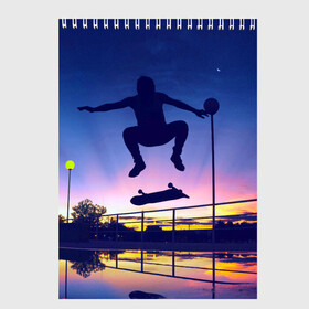 Скетчбук с принтом Skateboarding в Курске, 100% бумага
 | 48 листов, плотность листов — 100 г/м2, плотность картонной обложки — 250 г/м2. Листы скреплены сверху удобной пружинной спиралью | Тематика изображения на принте: board | man | skate | skateboard | skateboarder | skateboarding | sport | street | sunset | доска | закат | скейт | скейтборд | скейтбординг | скейтбордист | спорт | улица | человек