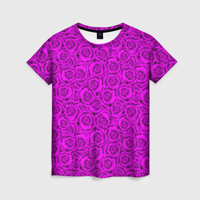 Женская футболка 3D с принтом Яркий цветочный неоновый узор в Курске, 100% полиэфир ( синтетическое хлопкоподобное полотно) | прямой крой, круглый вырез горловины, длина до линии бедер | детский | женский | малиновый | неоновый узор | розы | ярко розовый