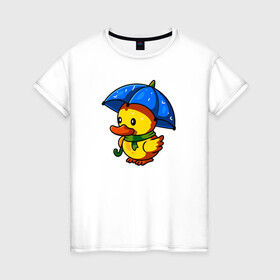 Женская футболка хлопок с принтом Утенок под зонтом в Курске, 100% хлопок | прямой крой, круглый вырез горловины, длина до линии бедер, слегка спущенное плечо | duck | дождь | зонт | милота | птица | утенок | утка | утка в шарфе