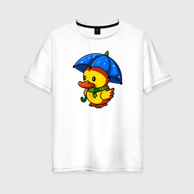 Женская футболка хлопок Oversize с принтом Утенок под зонтом в Курске, 100% хлопок | свободный крой, круглый ворот, спущенный рукав, длина до линии бедер
 | duck | дождь | зонт | милота | птица | утенок | утка | утка в шарфе