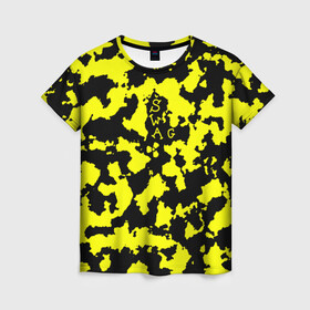 Женская футболка 3D с принтом Черно-желтый камуфляж в Курске, 100% полиэфир ( синтетическое хлопкоподобное полотно) | прямой крой, круглый вырез горловины, длина до линии бедер | black | camo | everyday | radiation | желтый | лето | радиация